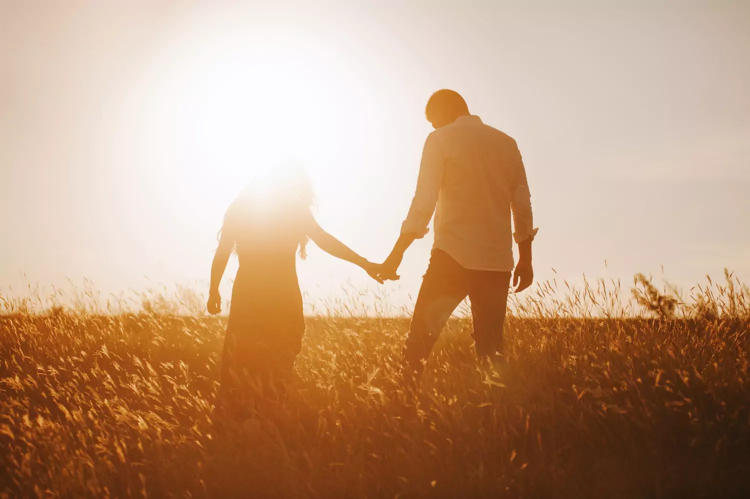 a couple disciples by the Word about sex walks hand in hand in a field at sunset